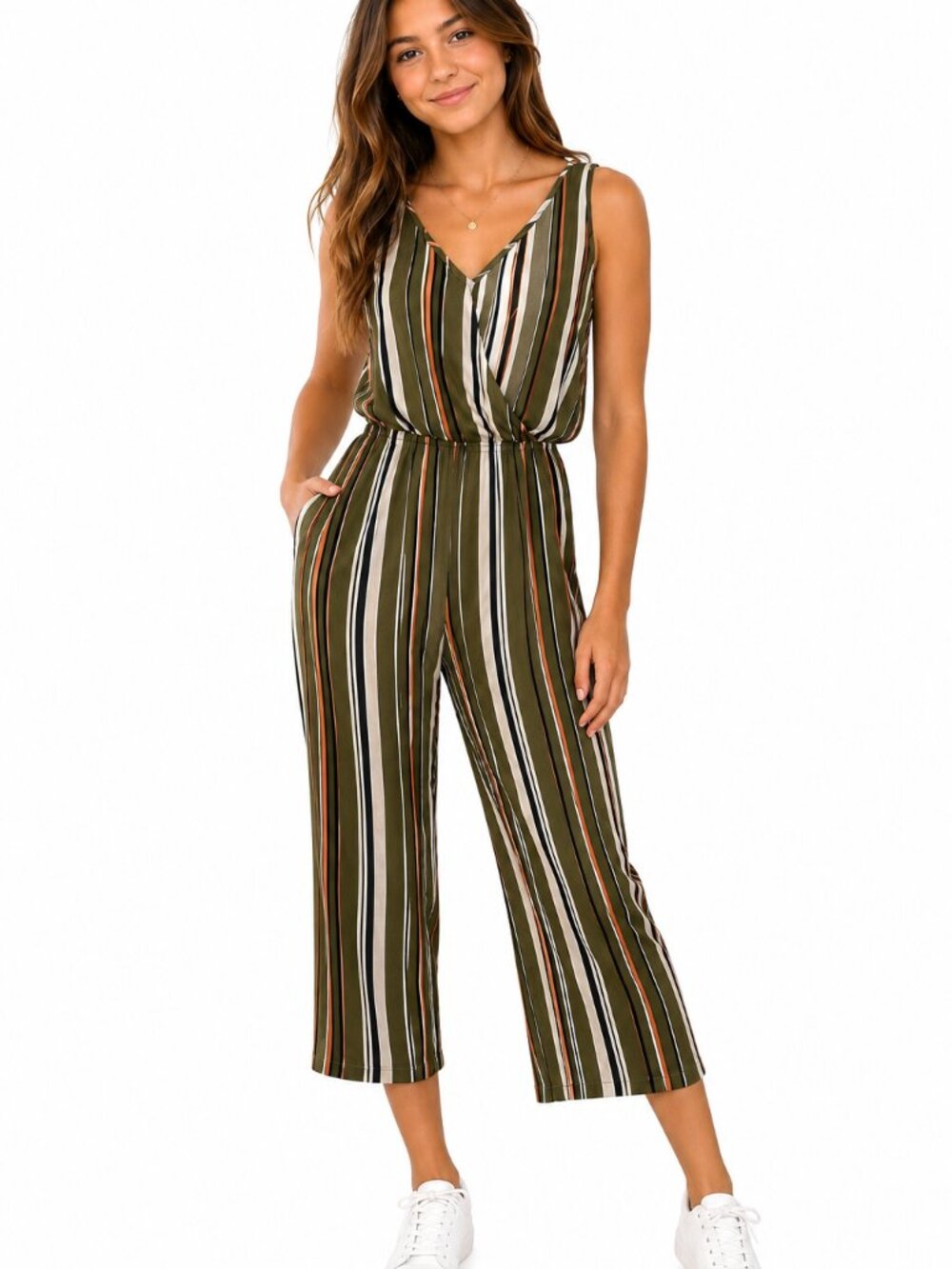 Iris Basic NWT Olive Stripe Surplice Cropped Jumpsuit Juniors L